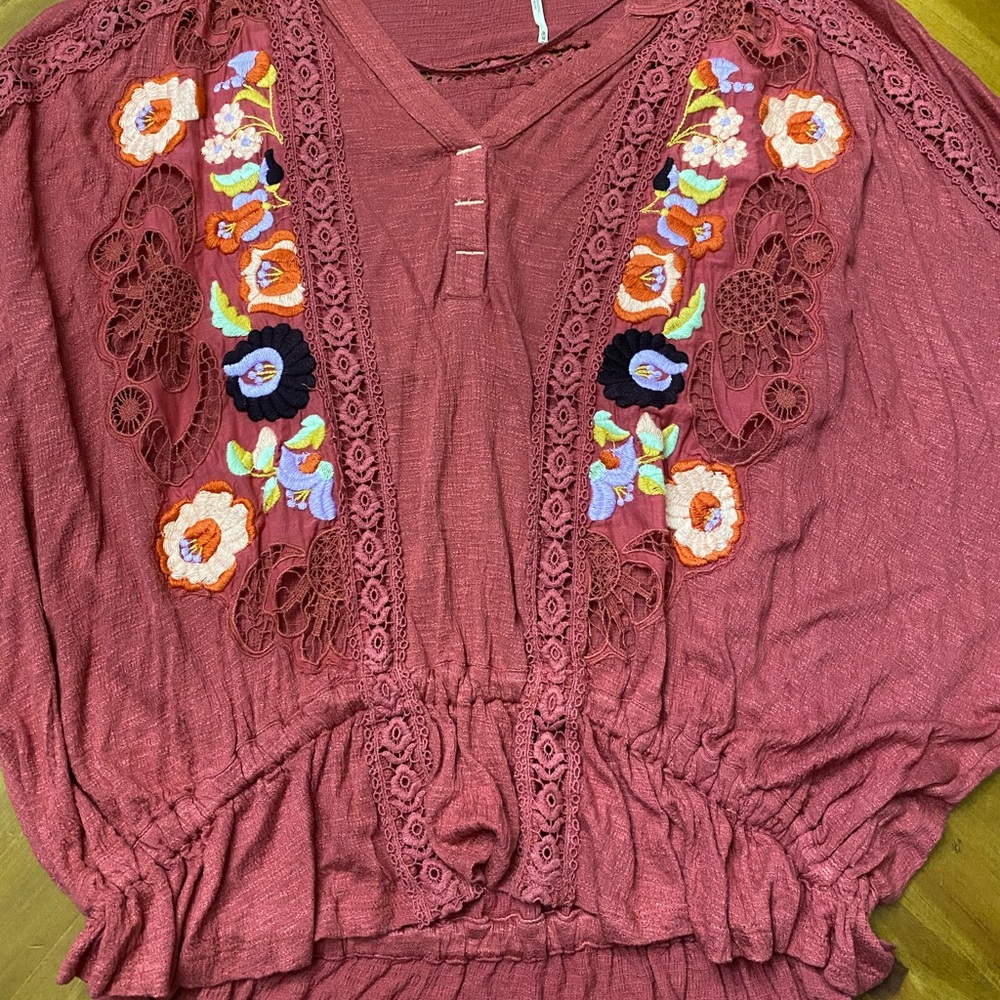 Free People Embroidered Boho Blouse - Red